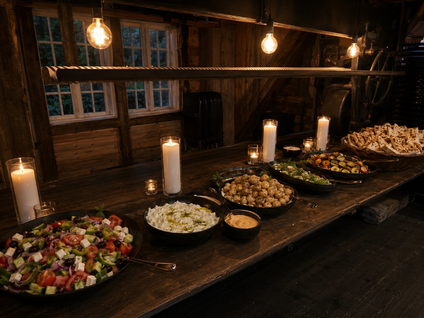 Grillbuffet med kjøtt, tilbehør og sauser på langt trebord