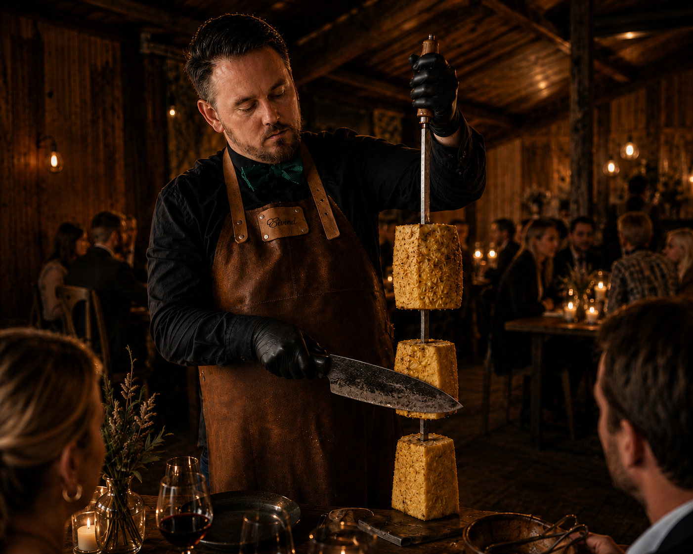 Eivind Abrahamsen skjærer grillet ananas fra spyd ved bordet for gjestene