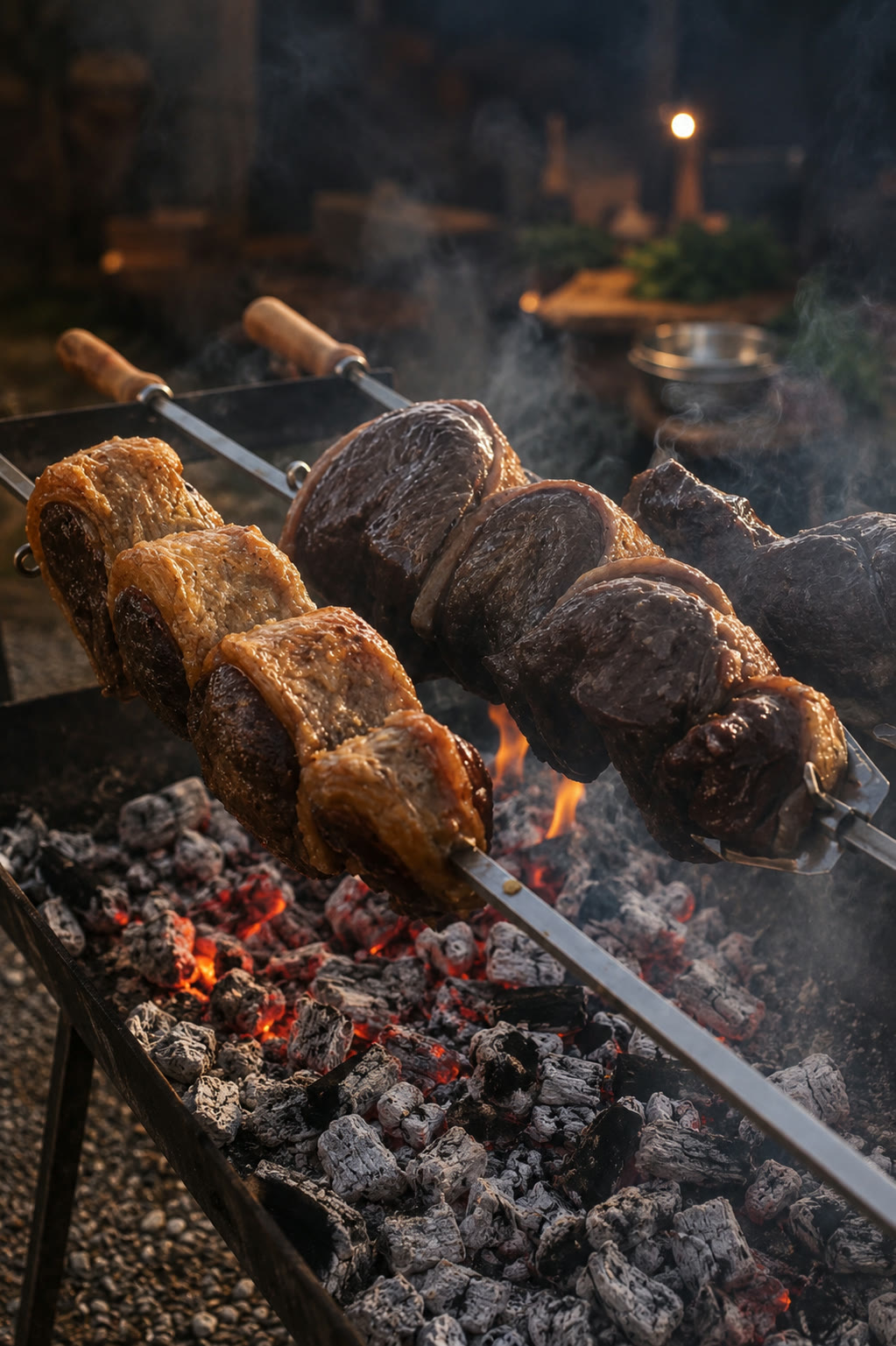 Picanha på store grillspyd over glødende kull