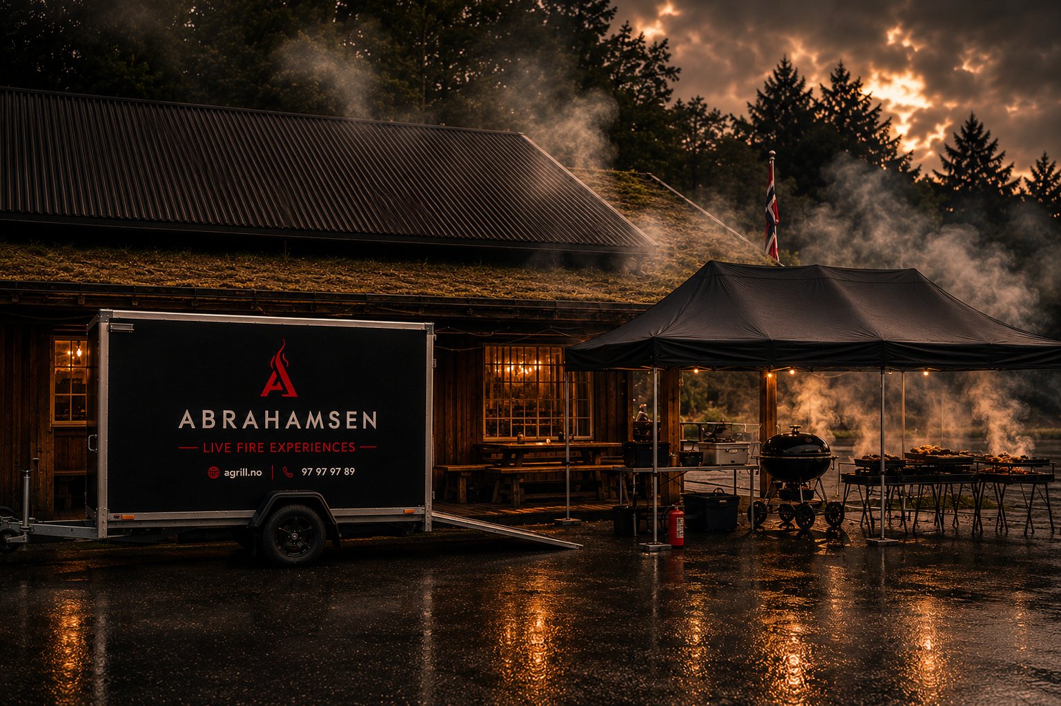 Rigget Abrahamsen-oppsett utendørs med henger, telt og grillutstyr